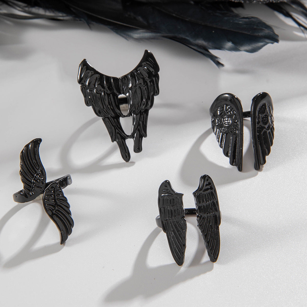 Wholesale Dark punk retro angel wings ring four-piece set